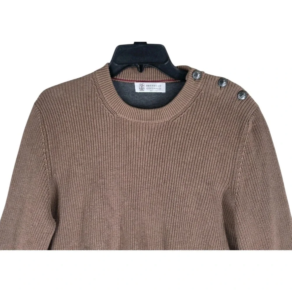 Brunello Cucinelli Ribbed Knit Sweater Mens IT 54 US 44 XL Brown Crested Buttons